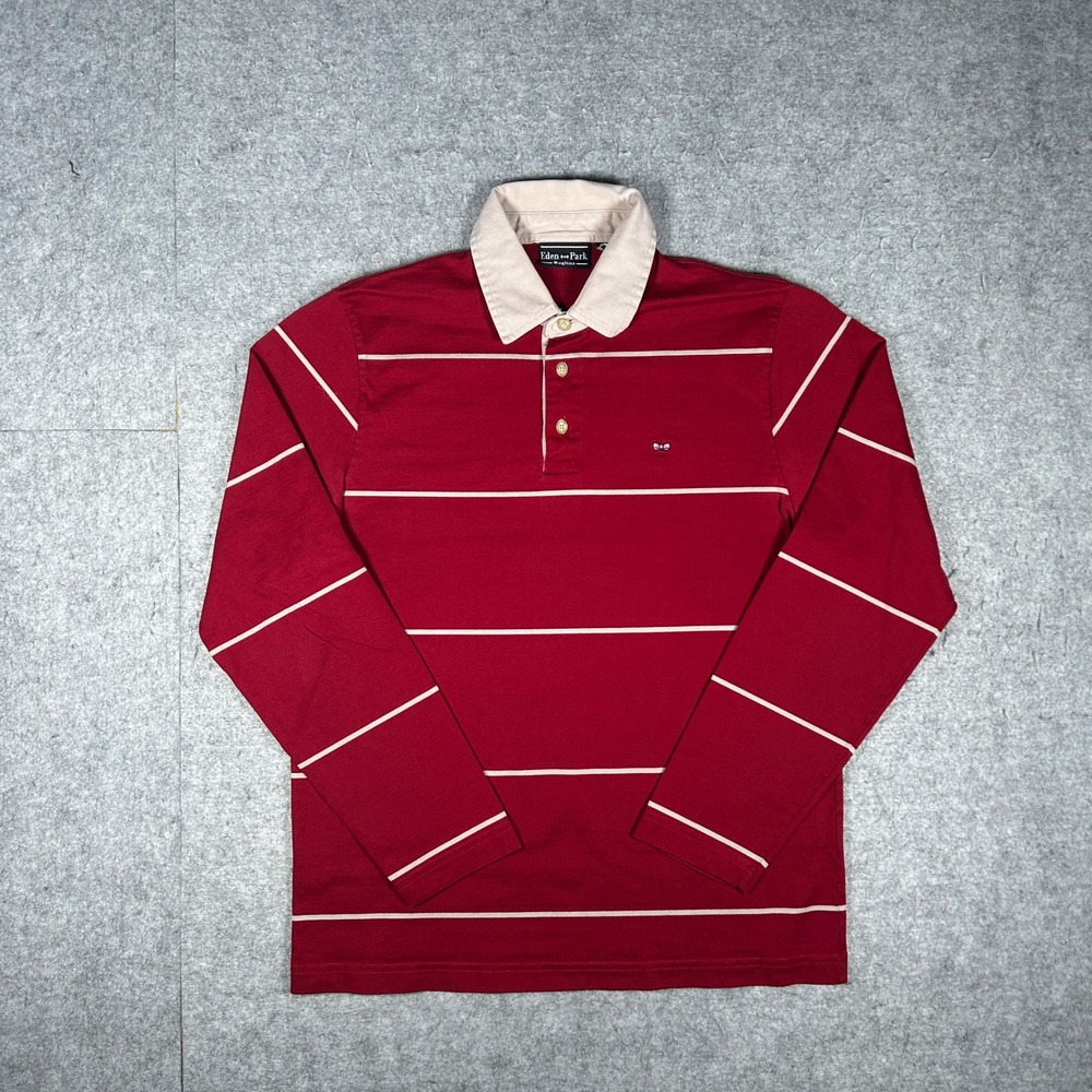 Eden Park Shirt Mens Size Medium Red Rugline Striped Long Sleeve Rugby Polo